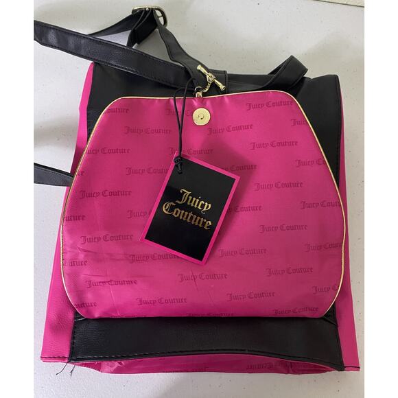 Juicy Couture Backpack Black Pink Bag Expandable Purse Handbag Gold Trim New - Picture 10 of 10